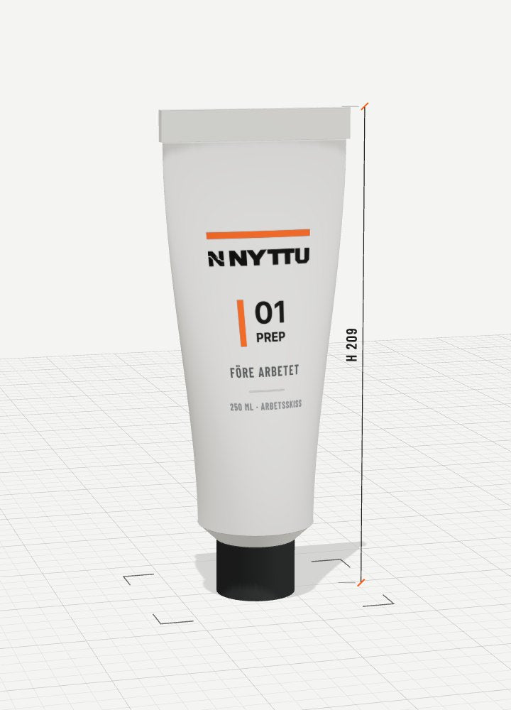 Mockup av PREP i tub, 250 ml. Arbetsskiss, inte färdig förpackning.